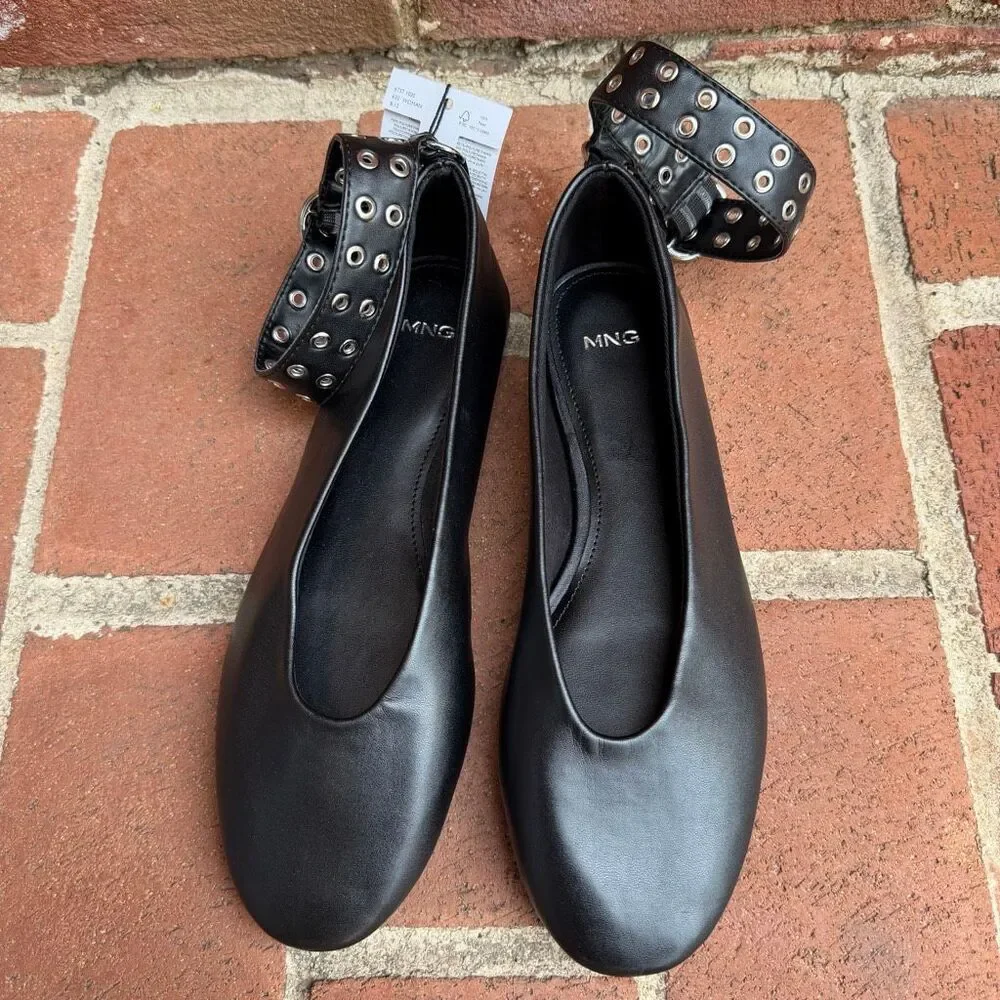 MNG by Mango Ballet Flats Eyelet Ankle Strap Leather Effect 37 NEW